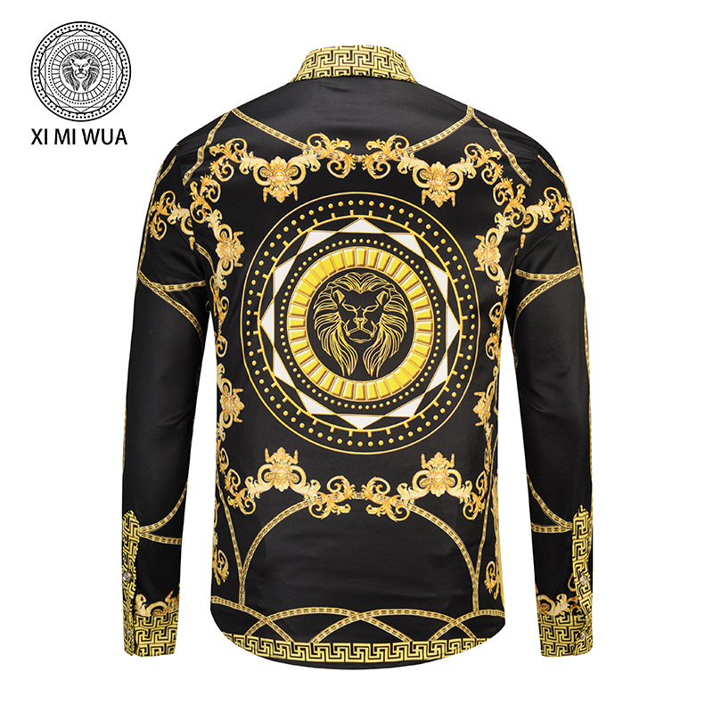 black colours gold chain and lion Printed men's Long sleeve casual shirts fashion Geometric pattern for collar + placket, White;black
black colours gold chain and lion Printed men's Long sleeve casual shirts fashion Geometric pattern for collar + placket, White;black