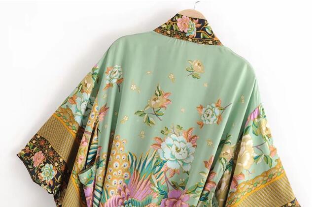Bohemian V Neck Peacock Flower Print Long Kimono Shirt Ethnic New Lacing Up With Sashes Long Cardigan Loose Blouse Tops Femme Y1906