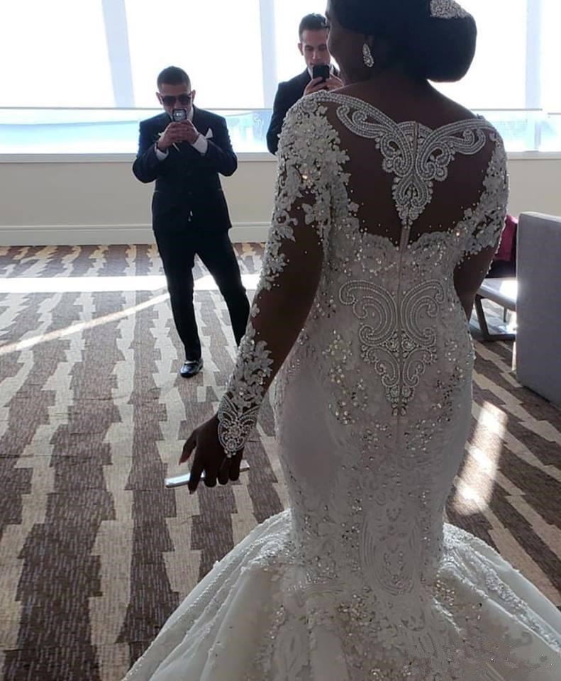 luxury sparkly plus size wedding dresses modern illusion long sleeve crystal beaded lace arabic african mermaid wedding bride gown