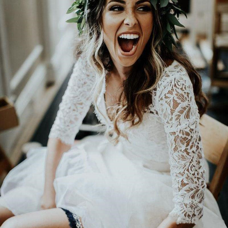 Two Pieces Beach Boho Wedding Dresses Bridal Gowns 2021 Lace Soft Tulle Chiffon Bohemian Country Plus Size Long A e Bride Dress Half Sleeve