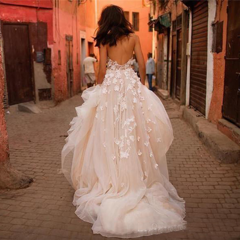 Spaghetti Strapless Plus Size Garden Country Toddler Bridal Gowns Liz Martinez Beach Wedding Dresses 3D Floral Appli 0521