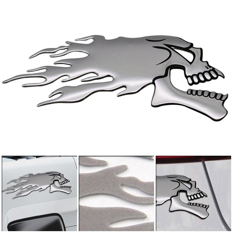2pcs/Pair 3D Chrome Ghost Fire Skull Head Auto Motorcycle Car Sticker Emblem Decals For Haley Honda Kawasaki Suzuki
