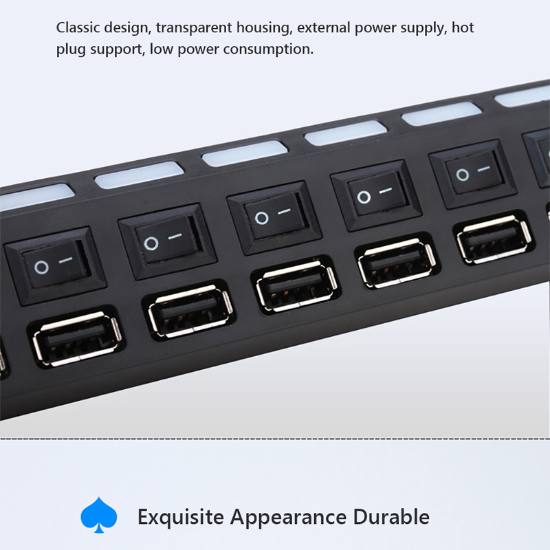Computer USB 2.0 HUB 7 Port Switch Indicator High Speed Splitter Hub with USB Cable for Desktop Notebook USB Mouse Scanner