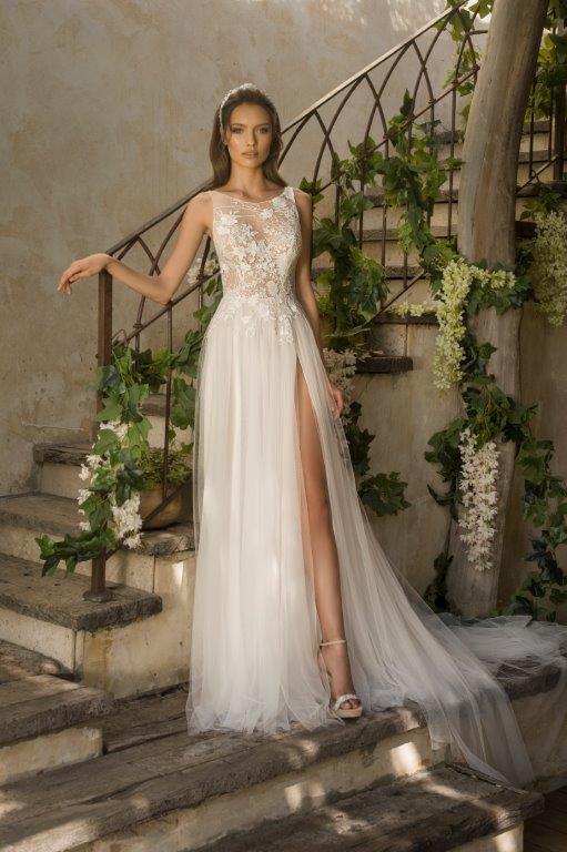 Julie Vino Wedding Dresses Boho Jewel Neck High Slit Lace Appliques Beach Wedding Dress Bohemian A Line Bridal Gowns Vestidos De Novia