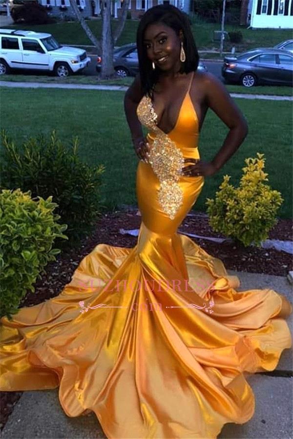 Yellow Black Girls African Nigerian Long Mermaid Prom 2019 Halter V Neck Backless Or Length Satin Dresses Evening Wear