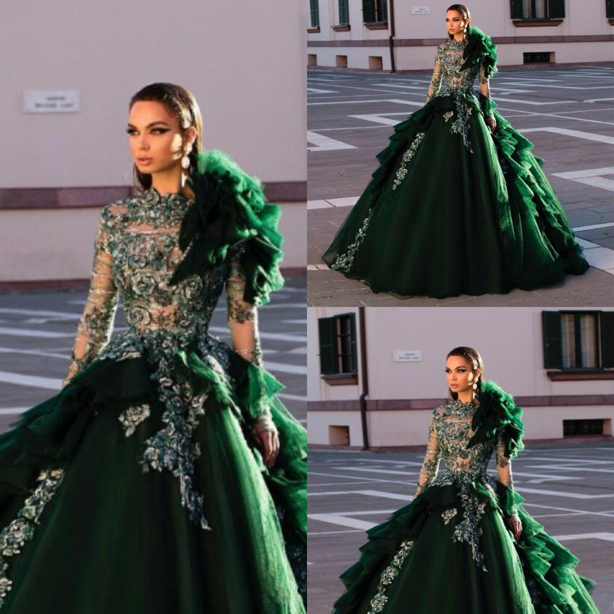 arabic dark green prom dresses high neck lace 3d floral appliques long sleeve evening dress a line floor length robes de soire