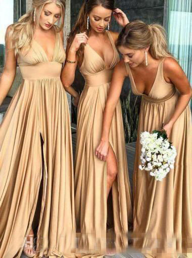Sexy Gold Bridesmaid Dresses A Line V Neck Long Boho country beach Maid of Honor Gowns Plus Size Wedding Guest Wears