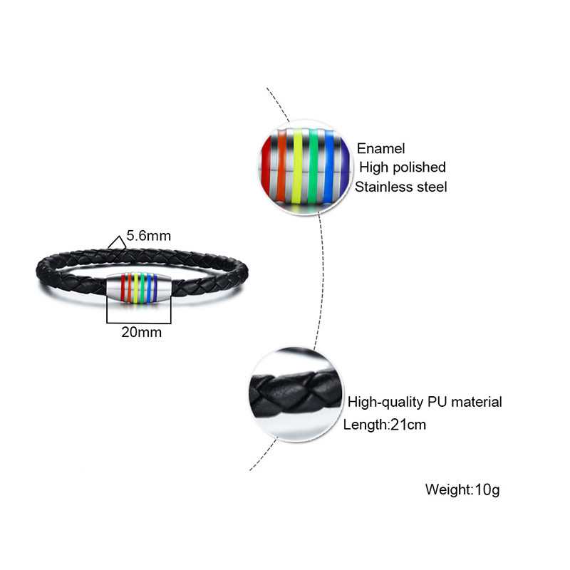 Black Pride Genuine Leather Bangles Rainbow Gay Lesbian Bracelet Stainless Steel Jewelry With Magnetic Clasp PB-014B