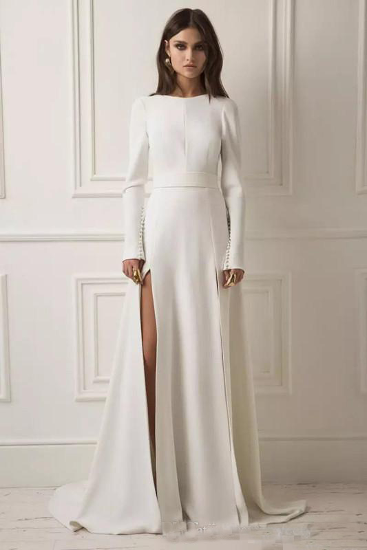 Lihi Hod Split Dresses Long Sleeves Satin Bridal Gowns Backless Robe De Mariee Plus Size Boho Wedding Dress 0521