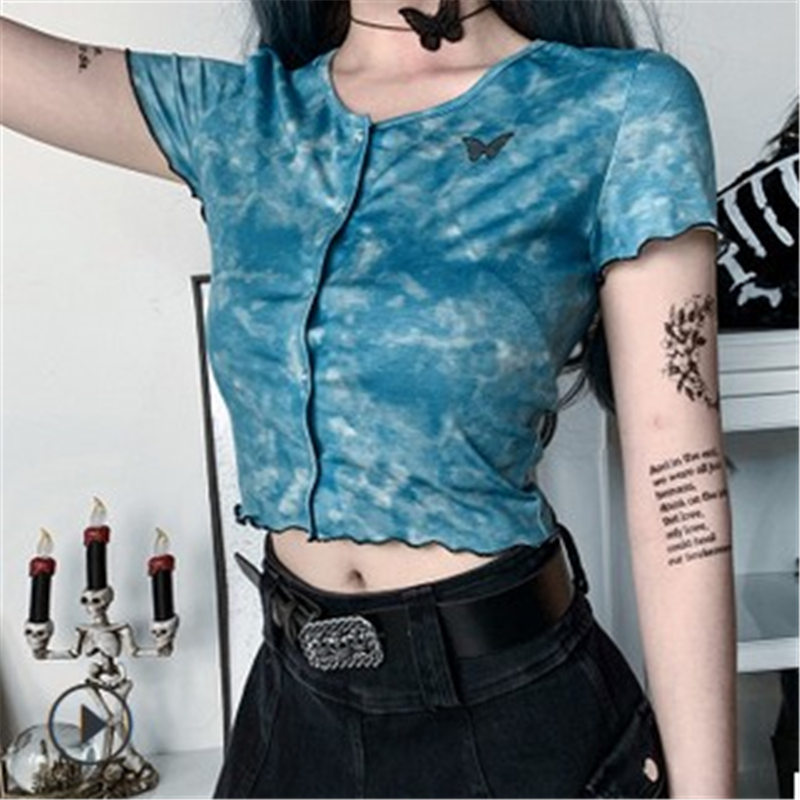 2020 Female Summer Tee Fashion Slim Short Cardigan T-shirt Tie-dye Printing Butterfly Embroidered Top Sexy Button T-shirt
2020 Female Summer Tee Fashion Slim Short Cardigan T-shirt Tie-dye Printing Butterfly Embroidered Top Sexy Button T-shirt