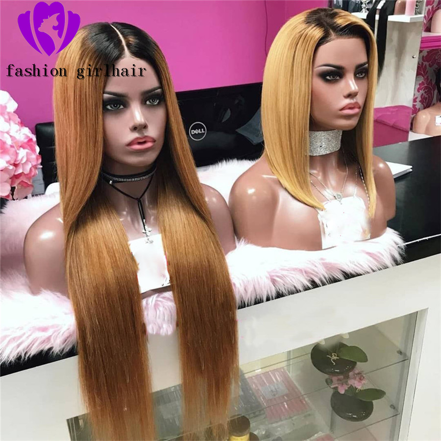 Middle part Straight brazilian full Lace Frontal Wigs Pre Plucked With Baby Hair Ombre blonde synthetc hair wig for black women