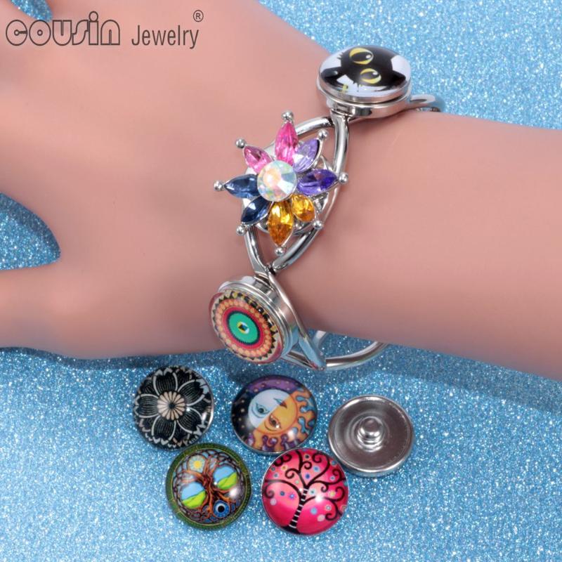 bracelet 100pcslot Mixed 18mm glass snap button jewelry Bracelets
