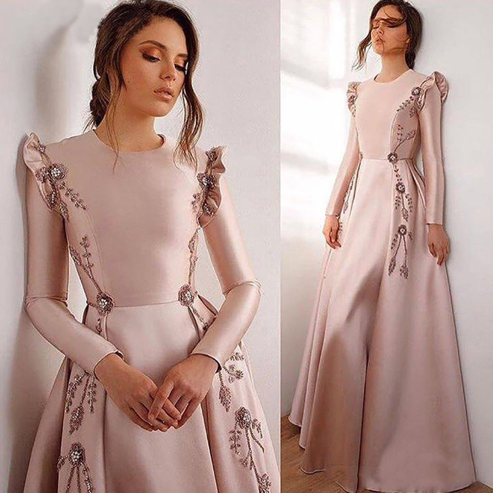 Nude Pink Long Sleeves Fold Bead Evening Dresses Long Pleats Appliques Evening Gown Vestidos De Fiesta De Noche