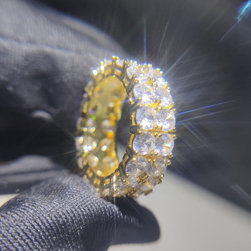 Hip Hop Shiny Double Layers White Zirconia Bling Ring 18K Real Gold Plated Women Men's Finger Ring Rap Ring