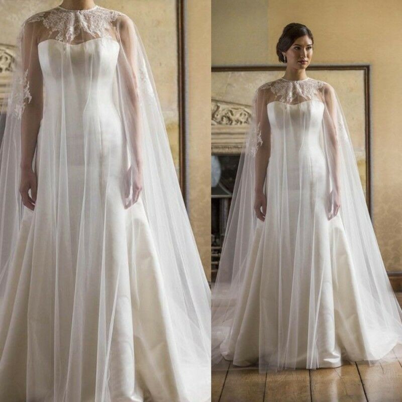 2019 Jewel Neck Bridal Jackets Custom Made Lace Appliques Tulle Wedding Cape Shawls Bride Wraps for Formal Dresses Cheap