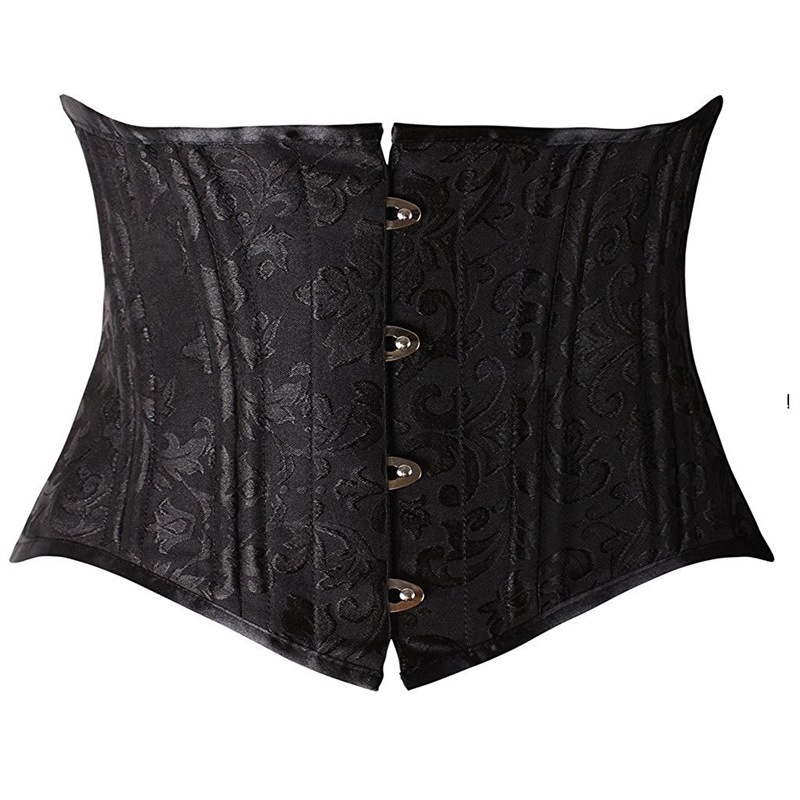24 Double Flat Boned Short Torso Corsets Steel Boned Padded Waist Trainer Body Shaper Brocade Jacquard Underbust Corset Women Slimming Belt Black 3XL