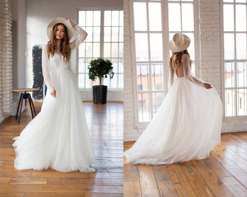 Romantic Bohemian Bridal Lace Boho Dresses Long Sleeve Wedding 2019 Summer Beach Sexy Open Back Reception Gowns A Line 0510