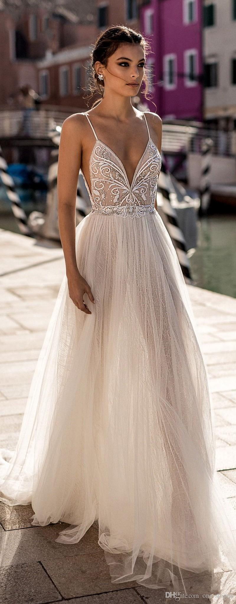 Gali Karten 2020 Beach Wedding Dresses Side Split Spaghetti Sexy Illusion Boho A-Line Wedding Dresses Pearls Backless Bohemian Bridal Gowns