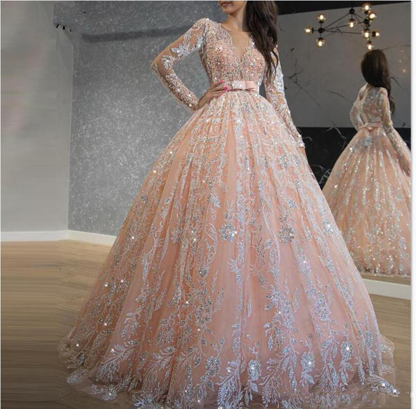 2020 Sparkly Pink Prom Dresses Sequin Lace Ball Gown Plus Size African Jewel Neck Long Sleeve Sweet 16 Dress Evening Gowns