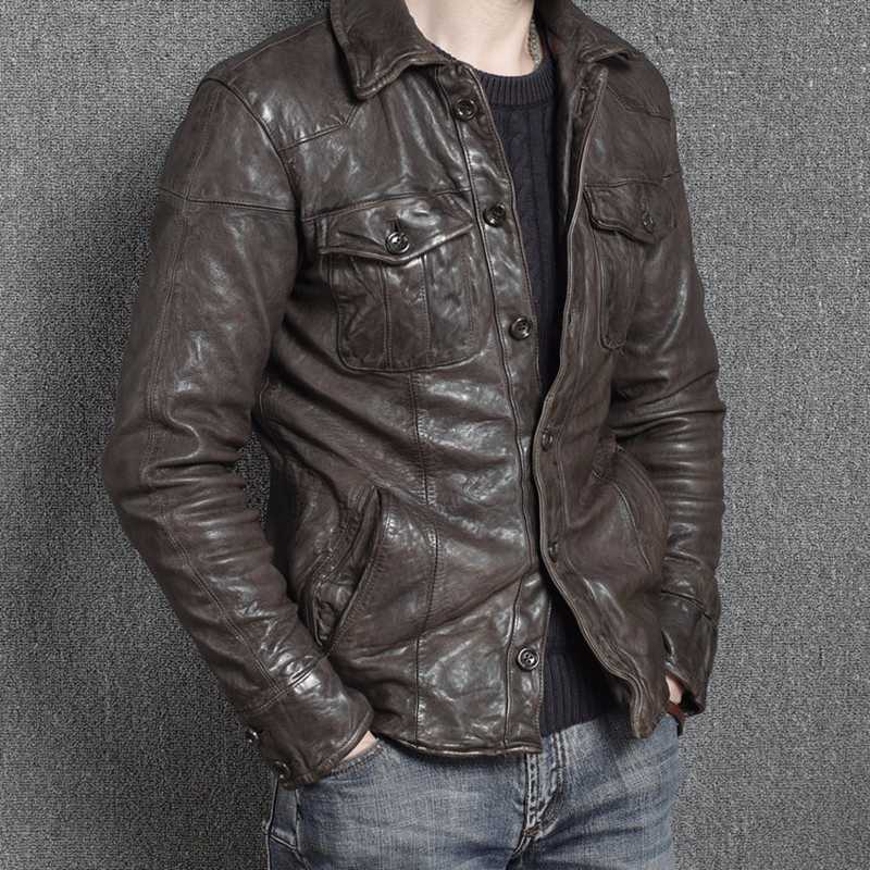 Genuine Leather Jacket Vintage Slim Men's Leather Jacket Men Motorcycle Sheepskin Coat Short Jaqueta Couro 16301888M01-2 YY411