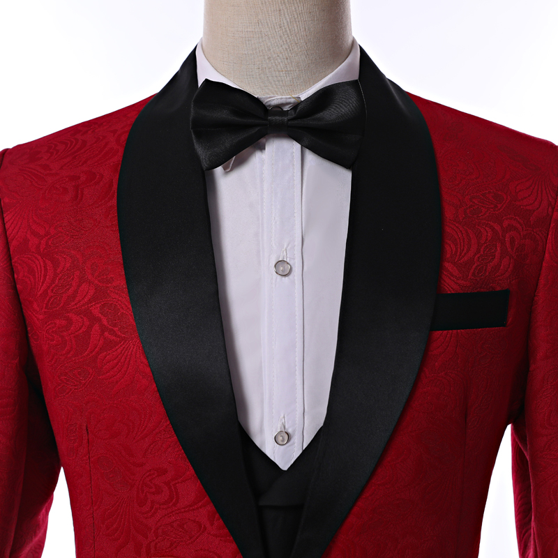 Side Vent One Button Red Paisley Wedding Groom Tuxedos Shawl Lapel Groomsmen Men Suits Prom Blazer (Jacket+Pants+Vest+Tie) NO:2182