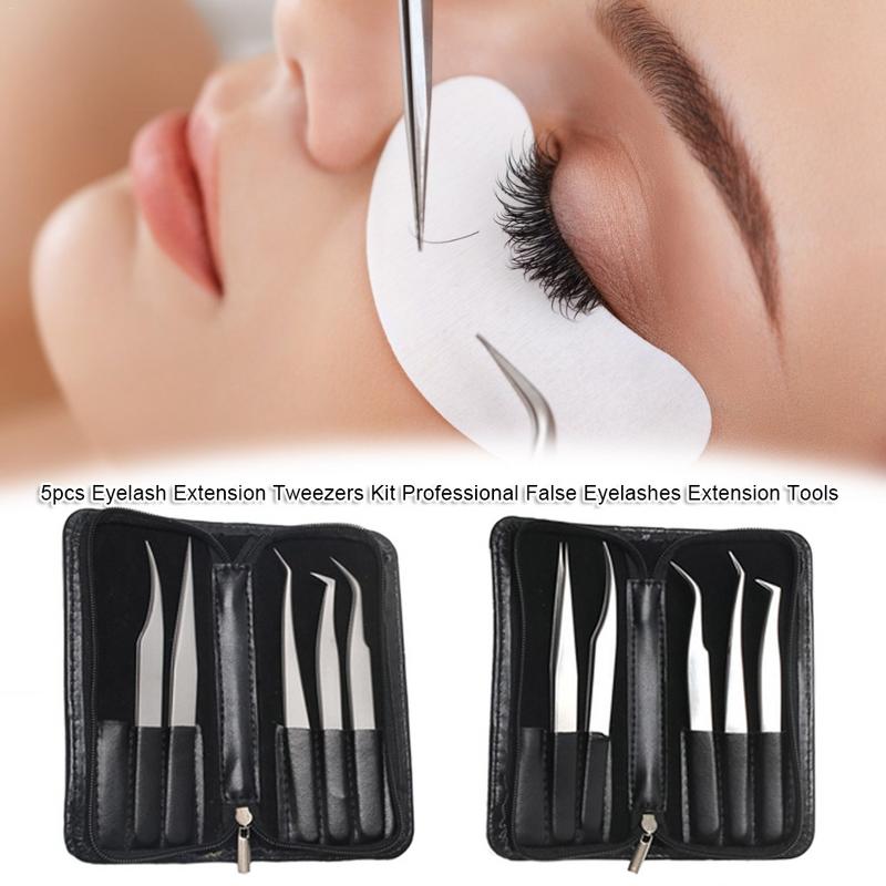 5pcs Stainless Steel Anti-Static Eyelash Tweezers Tool Kit With Leather Case Grafting Eyelash Extension Tweezers Eyebrow Forceps