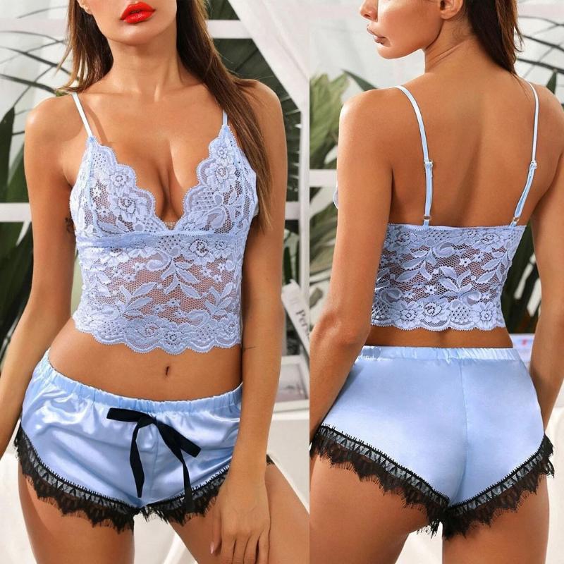 Women' Sleepwear Sexy Satin Floral Pajama Set Blue Lace V-Neck Pyjamas Sleeveless Cute Cami Top and Shorts Pyjama Sexy
Women' Sleepwear Sexy Satin Floral Pajama Set Blue Lace V-Neck Pyjamas Sleeveless Cute Cami Top and Shorts Pyjama Sexy