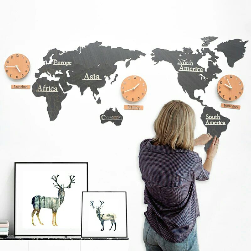 Creative Wooden World Map Wall Clock 3D Map Decorative Design Home Decor Living Room Modern European Style Round Mute Relogio De P6648927