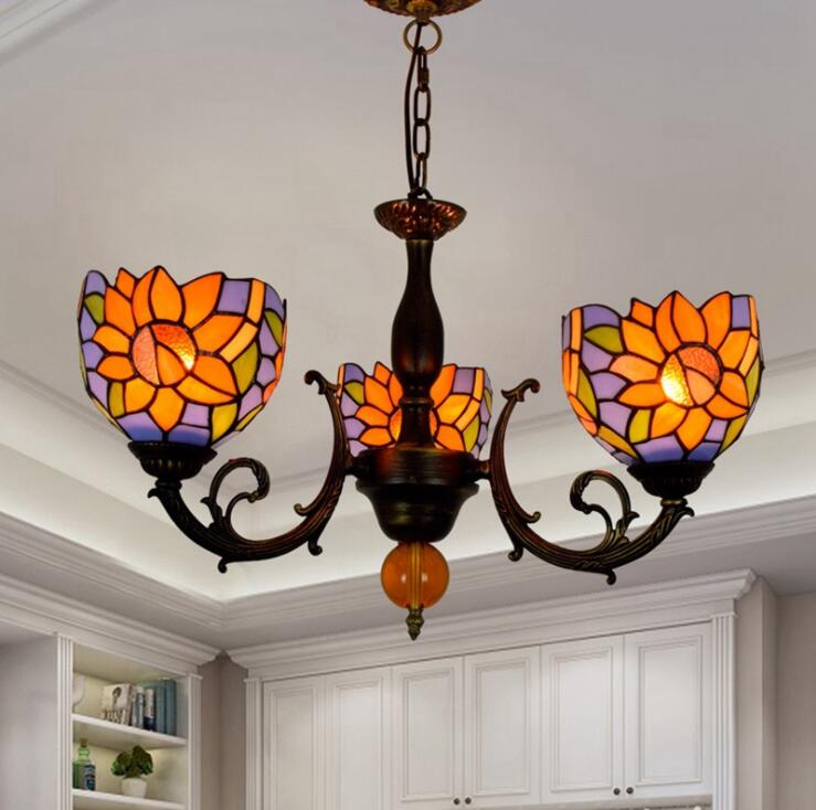 Stained Glass Chandelier Flower Pattern White European Retro Living Room Chandelier Bedroom Kitchen Fairy Lamp Can Be Customized