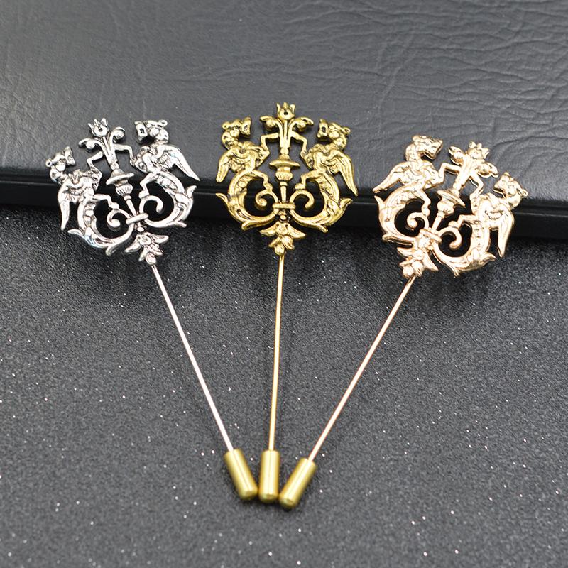 Wholesale- Bronze Gold Silver Tone Classic Hollow Double Lion Lapel Pins For Men Suit Accessories Stick Brooch Pins Wedding Party Jewelry