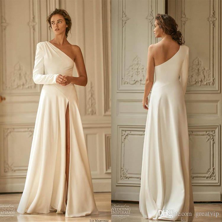 Liz Martinez Sexy Cheap Simple A Line Dresses High Side Split Long Sleeve One Shoulder Country Bridal Gowns Wedding Dress Vestidos