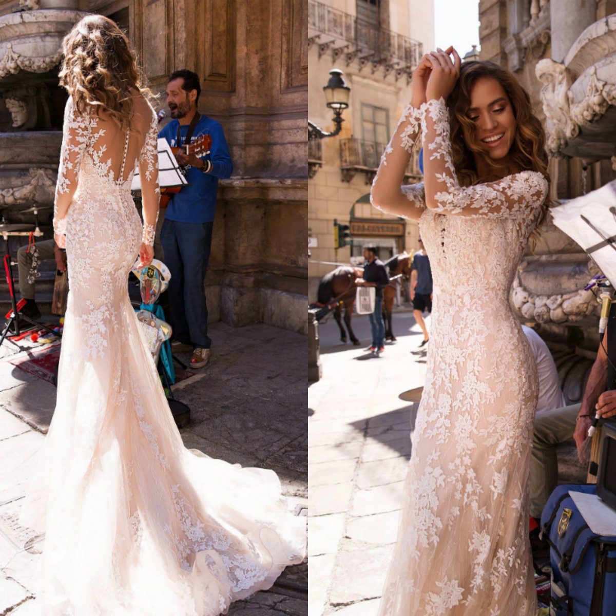 lussanobridal mermaid wedding dresses v neck illusion bridal gown covered button back long sleeves boho wedding dress custom
