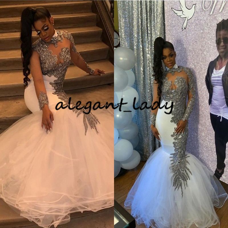 Vestido de gala Sexy Black Girls Long Sleeves Mermaid Prom Dresses 2020 Sequined Appliqued African Ruffled Train evening Gowns