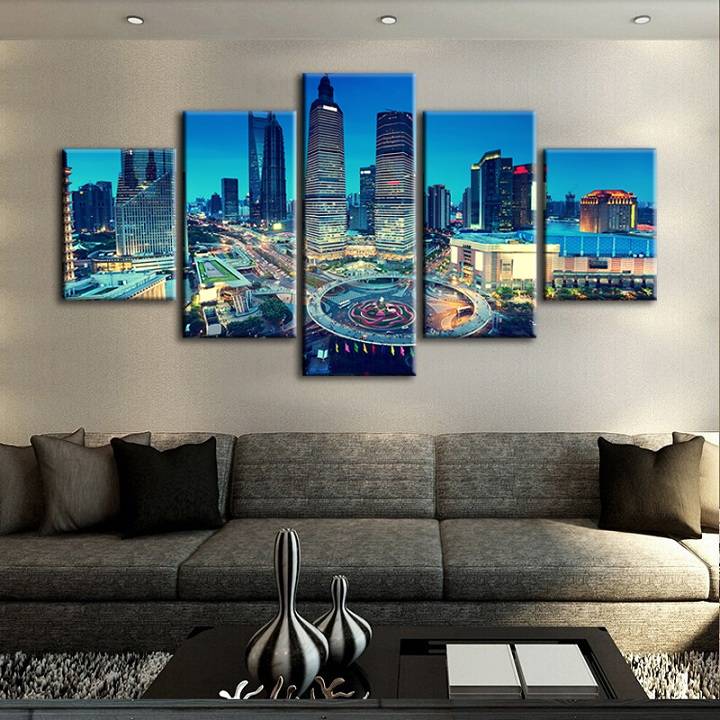 5pcs/set Unframed City Scenery Dusk Time Print On Canvas Wall Art Picture For Home and Living Room Decor