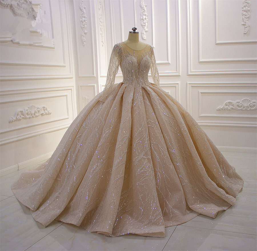 Champagne Shiny Beads Ball Gown Wedding Dresses Jewel Neck Long Sleeves Bridal Dresses Beaded Sequins Plus Size Wedding Gowns