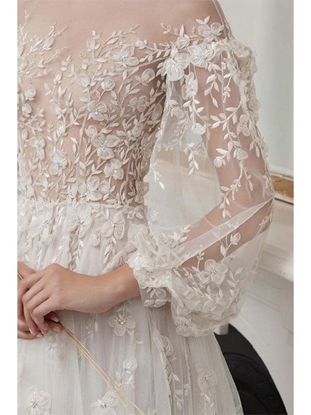 Lace Dresses Jewel Neck 3D ral Appliques A e Long Sleeve Illusion Bodice Beach Wedding Dress Custom Made Bead Bridal Gown