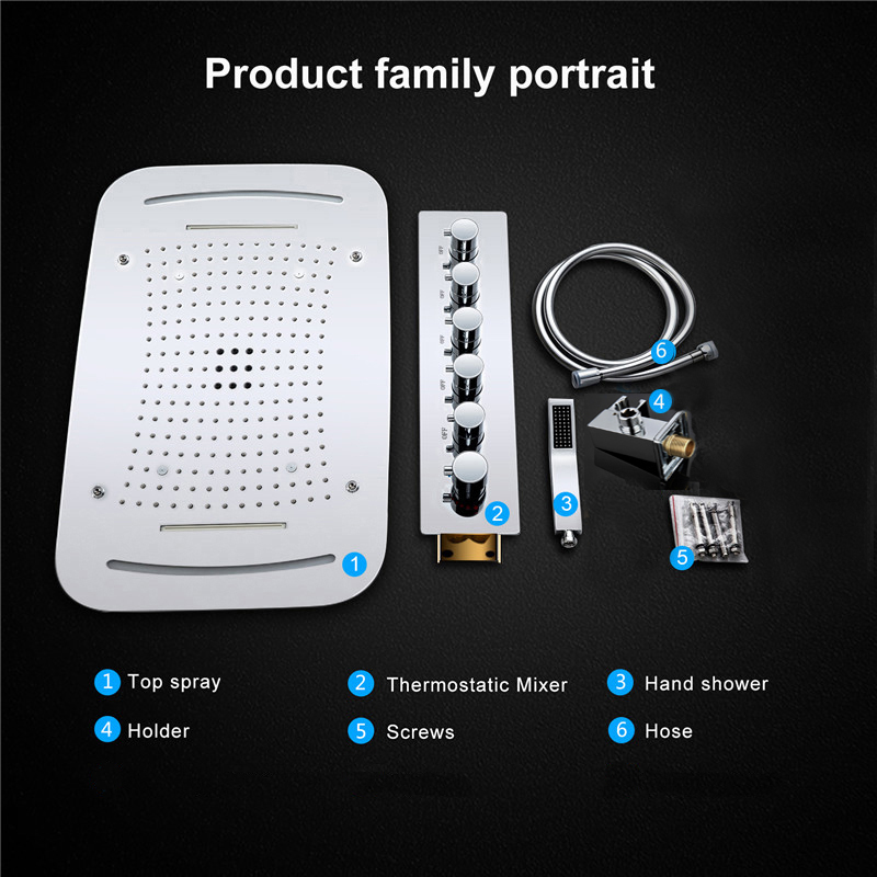 Bathroom Large Rainfall Waterfall Shower Set 304 Stainless Steel Ceiling LED ShowerHead Panel Thermostatic Mixer Valve Faucets