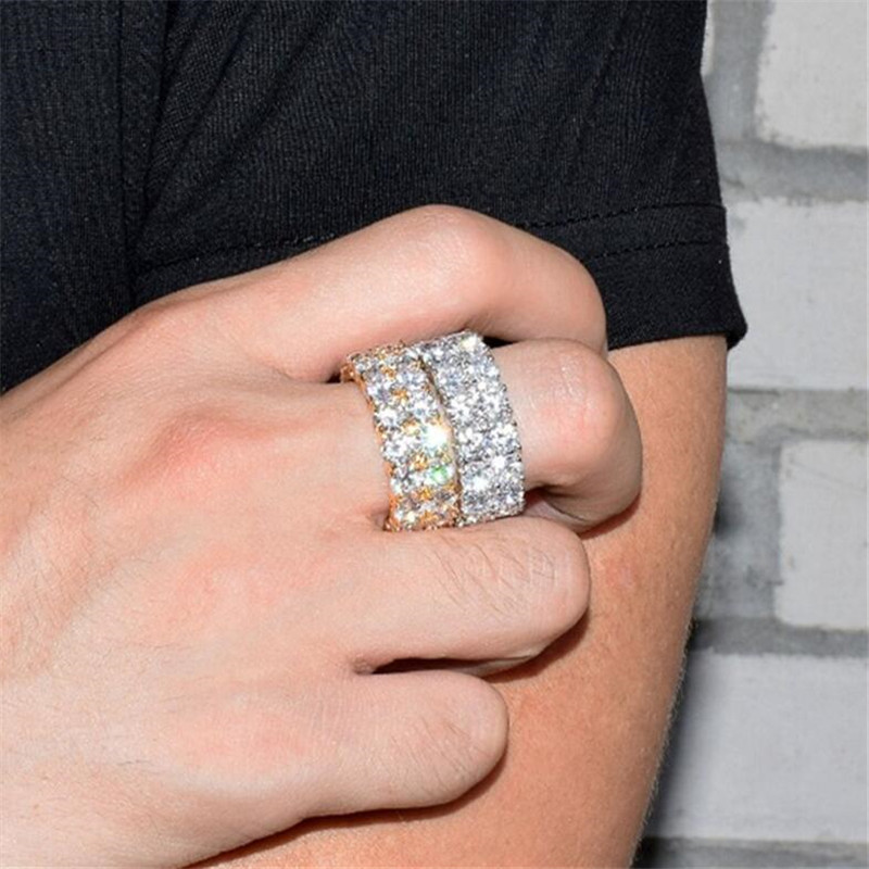 Hip Hop Vintage Sterg Sier & Gold Double Rows Topaz CZ Dia Gemstones Women's Wedding Band Ring (Size 8-13)