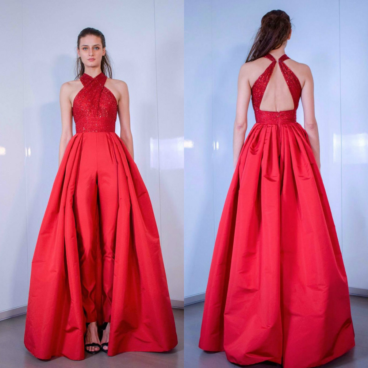 2019 Red Prom Dresses Sleeveless Sequined Backless Women Jumpsuits Evening Gowns with Overskirt Cocktail Party Dresses Custom Made