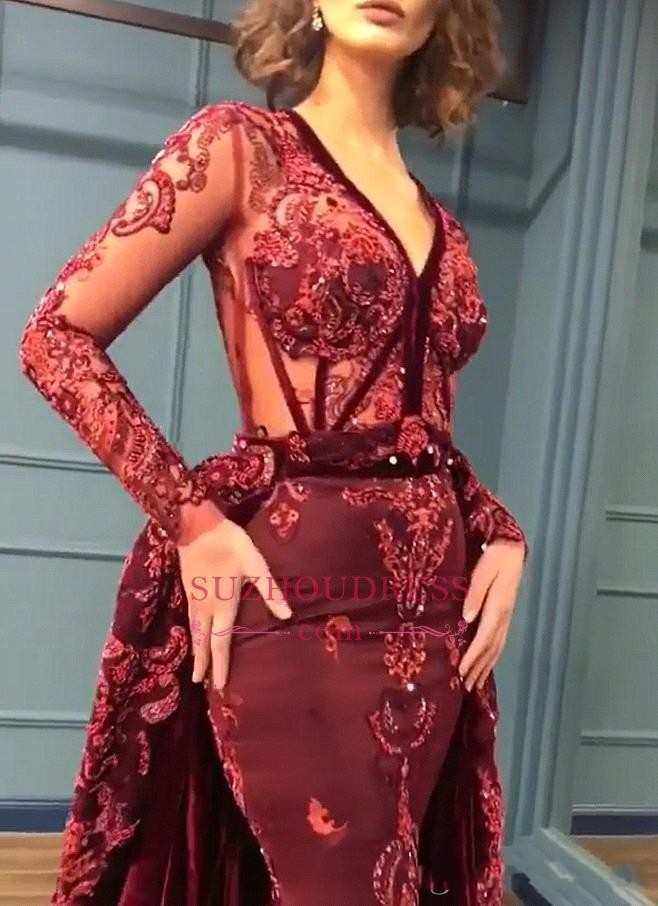 2019 Burgundy Velvet Mermaid Prom Dresses Long Sleeves Deep V Neck Lace Beads Evening Dresses Formal Women Party Gowns bc0731