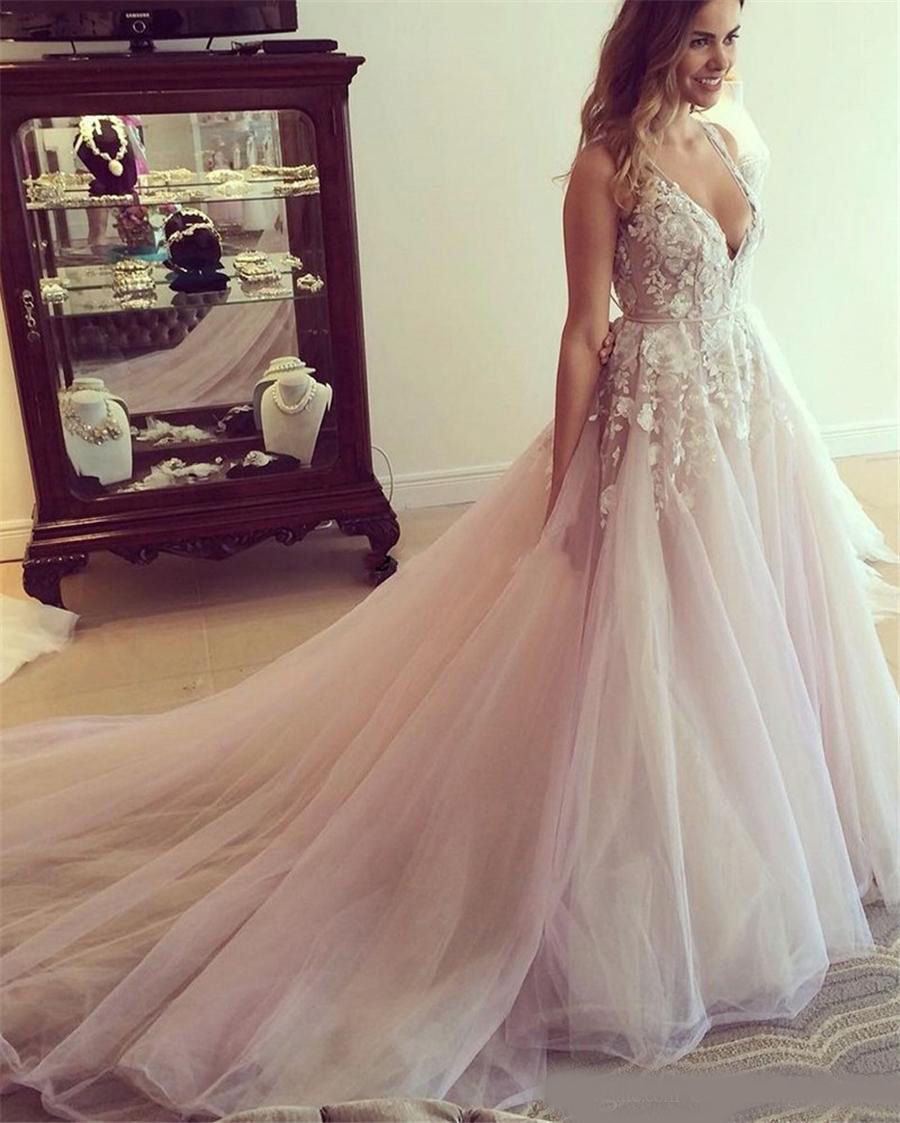 Sexy V Neck Backless Lace Prom Dress Fashion A-Line Tulle Appliques Court Train Vestido De Noiva Elegant Evening Gowns