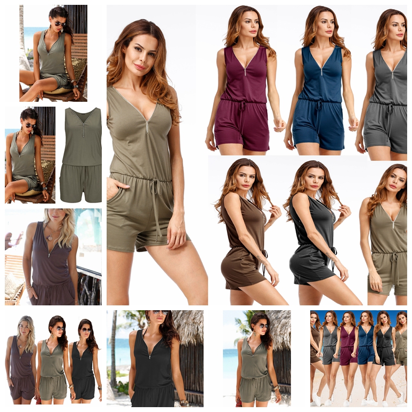 European solid color sleeveless zipper V-neck pocket beach casual piece pants gray green brown black support mixed batch