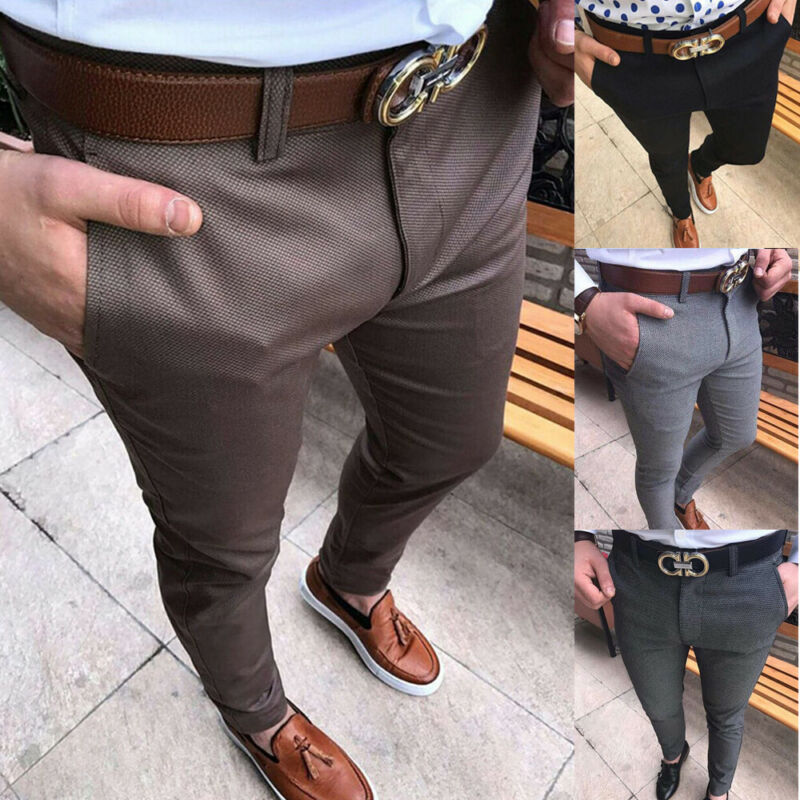 Men Casual Pant Business Slim Fit Solid Zipper Business Long Elegant Pants Trousers with 4 Colors Asian Size
