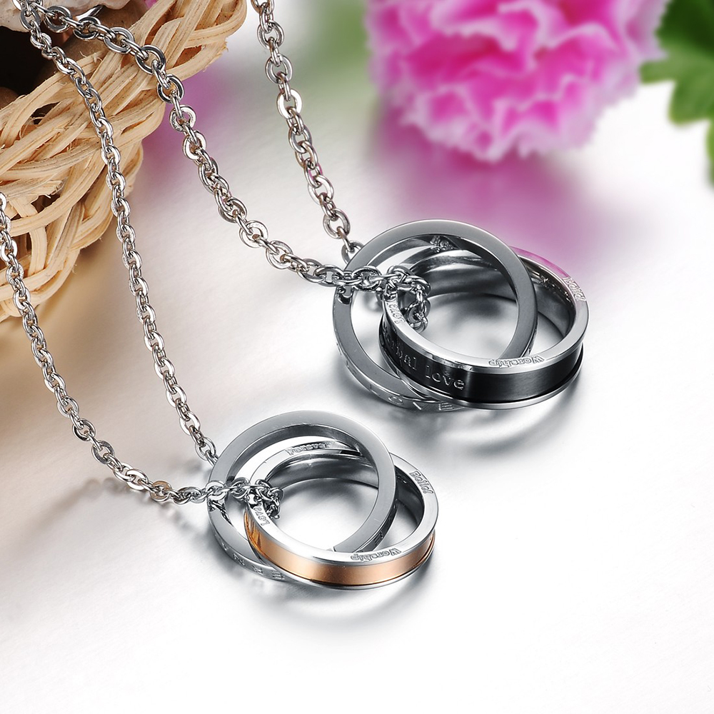 Classic Double Circles Couple Pendant Necklace Stainless Steel No Fade Titanium Steel Lover Engagement Jewelry