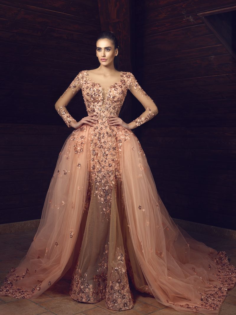 Tony Chaaya Luxury Mermaid Prom Dresses 2019 Sheer Long Sleeve Illusion Lace Appliqued Sweep Train Party Evening Gowns Detachable Train