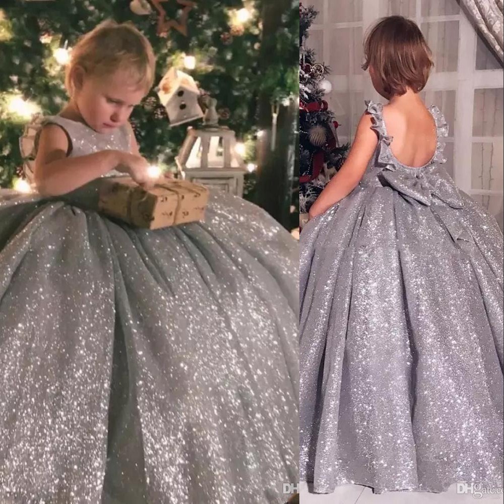 Ball Gown Pageant Dresses Sier Gray Sequined Jewel Neck Sleeveless Open Back Or Length Kids Wer Girls Dress Birthday Gowns 403 6660311