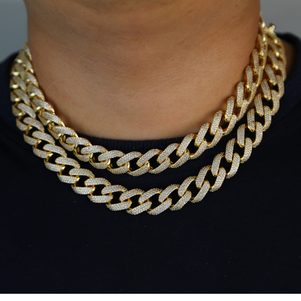 Gold Silver Full Miami Curb Cuban Chain necklace CZ Iced Out Bling cubic zircon paved Men's Hip hop fashion Necklaces 15MM Rock Jewelry