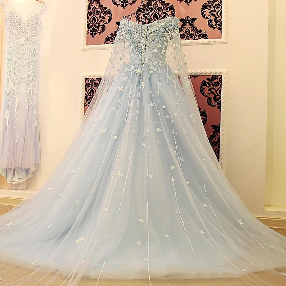 Blue Off The Shoulder Wedding Dresses with Detachable Cape Beaded Pearls Applique Elegant Lace Up Back Bridal Wedding Gowns Real Photo