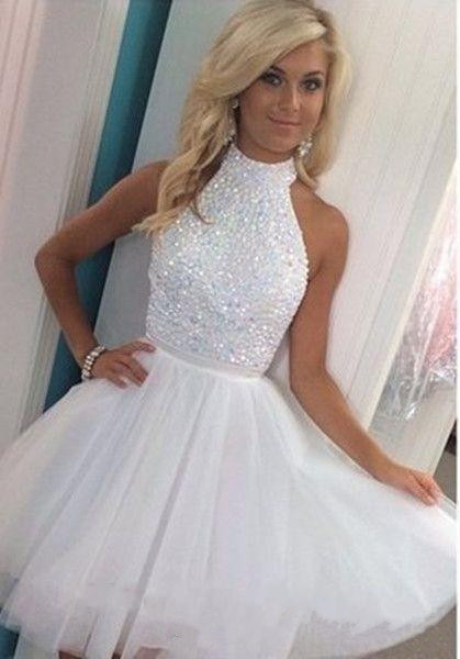 Cheap White High Neck Homecoming Dresses A Line Beaded Sequins Juniors Cocktail Party Dress Tulle Skirt Prom Gowns