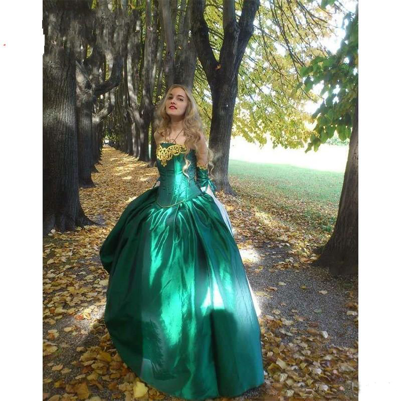 2019 Gothic Wedding Dresses Halloween Victorian Bridal Gowns Long Sleeves Floor Length Corset Back Satin Hunt Green Wedding Gowns